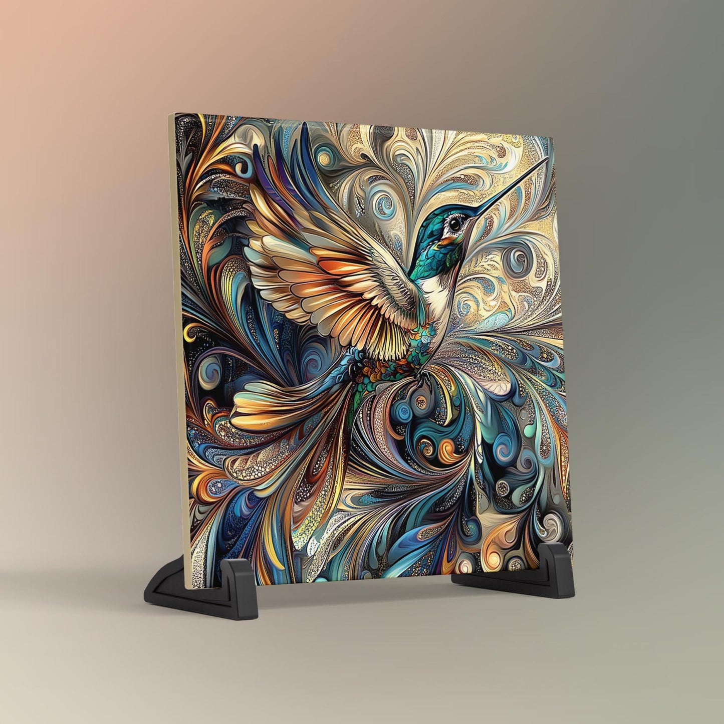 Art Nouveau Hummingbird Ceramic Tile - Unique Nature Lovers Decor - Minimalist Wall Hanging for Gift Giving - Artisan Home Wall Tiles