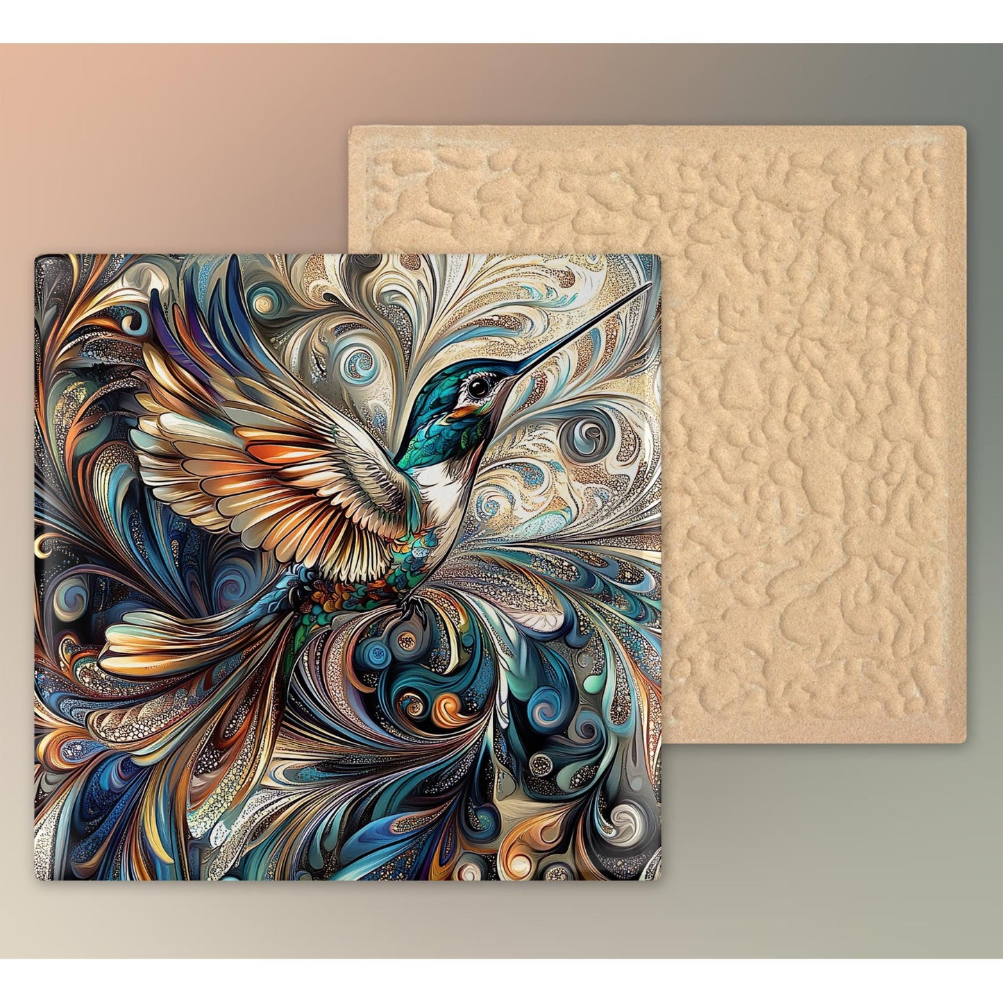 Art Nouveau Hummingbird Ceramic Tile - Unique Nature Lovers Decor - Minimalist Wall Hanging for Gift Giving - Artisan Home Wall Tiles