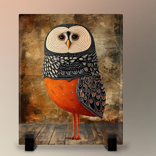 Whimsical Owl Folk Art Ceramic Tile  - Unique Nature Lovers Decor - Minimalist 8x10"  Wall Hanging for Gift Giving - Artisan Home Wall Tiles