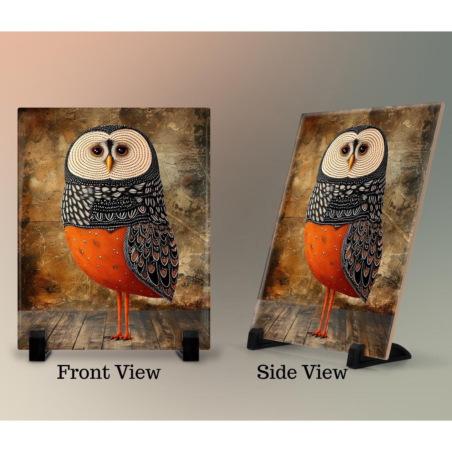 Whimsical Owl Folk Art Ceramic Tile  - Unique Nature Lovers Decor - Minimalist 8x10"  Wall Hanging for Gift Giving - Artisan Home Wall Tiles