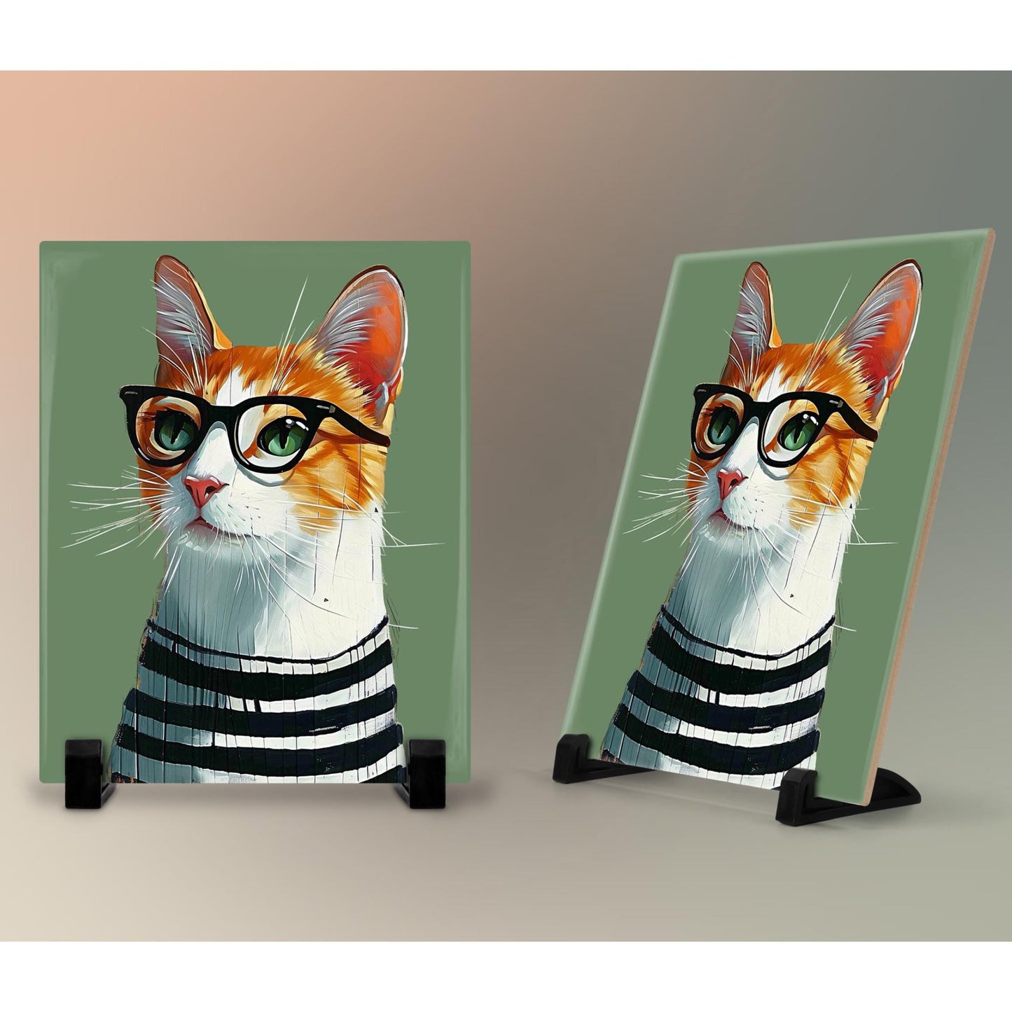Smarty Cat Ceramic Wall Tile | Adorable Cat with Glasses Decor | 8x10" |Perfect Minimalist Home Accent | Gift for Cat Enthusiasts