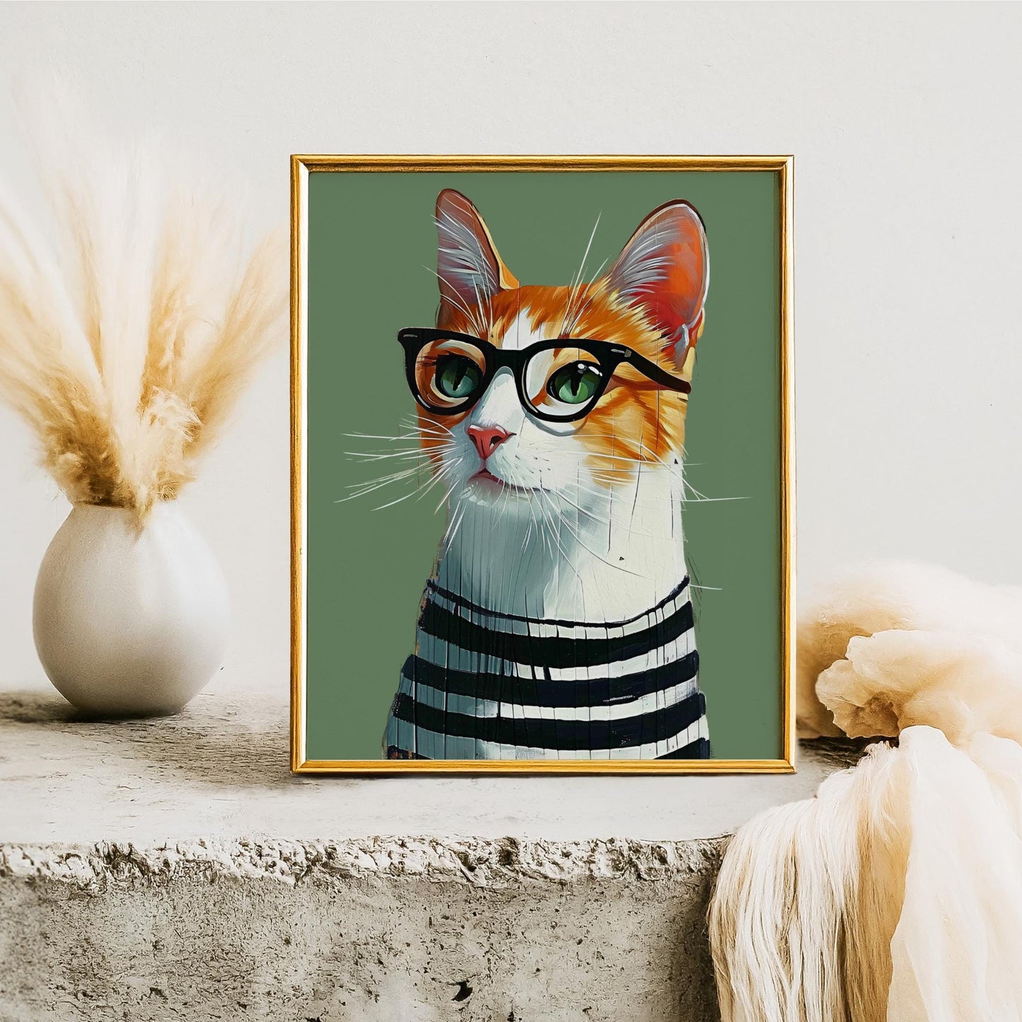 Smarty Cat Ceramic Wall Tile | Adorable Cat with Glasses Decor | 8x10" |Perfect Minimalist Home Accent | Gift for Cat Enthusiasts