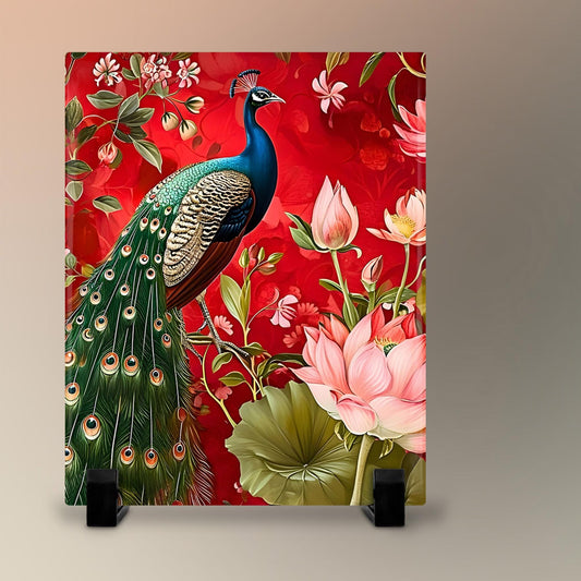 Ceramic Tile Art of Beautiful Peacock, Custom William Morris Style for Unique Home Decor, Perfect Gift for Nature Lover - 8x10" Art Print