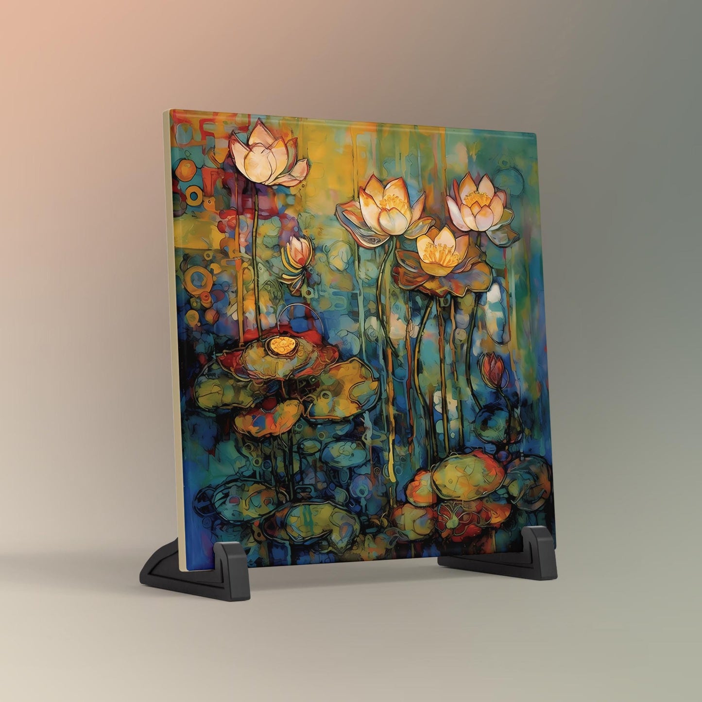Water Lily Art Tile II - Elegant Art Nouveau Ceramic Tile, Botanical Artwork, Gallery Wall Display - Spring Decor, Floral