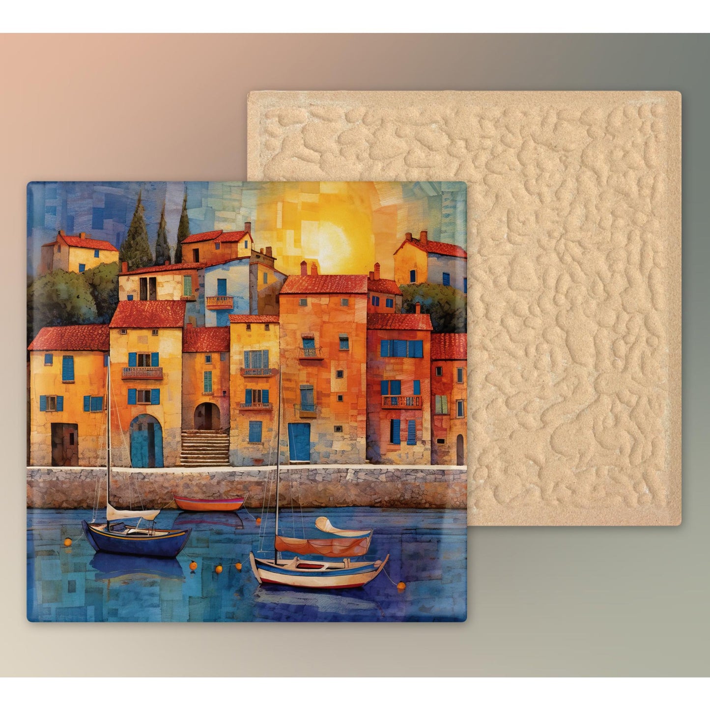 Mediterranean Harbor Ceramic Tile Art, Mosaic Look Decor Tile for Kitchen or Bathroom, Coastal Art, Gallery Wall Decor