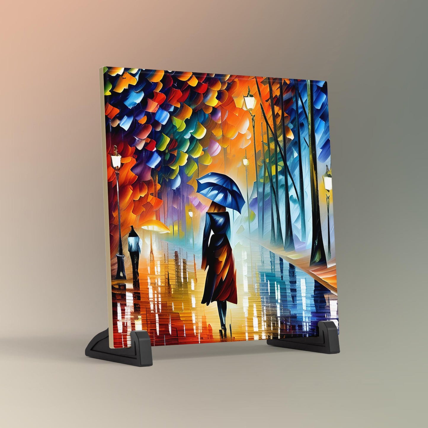 Abstract Art Woman Walking in the Rain, Ceramic Tile,  Artwork for Living Room Decor