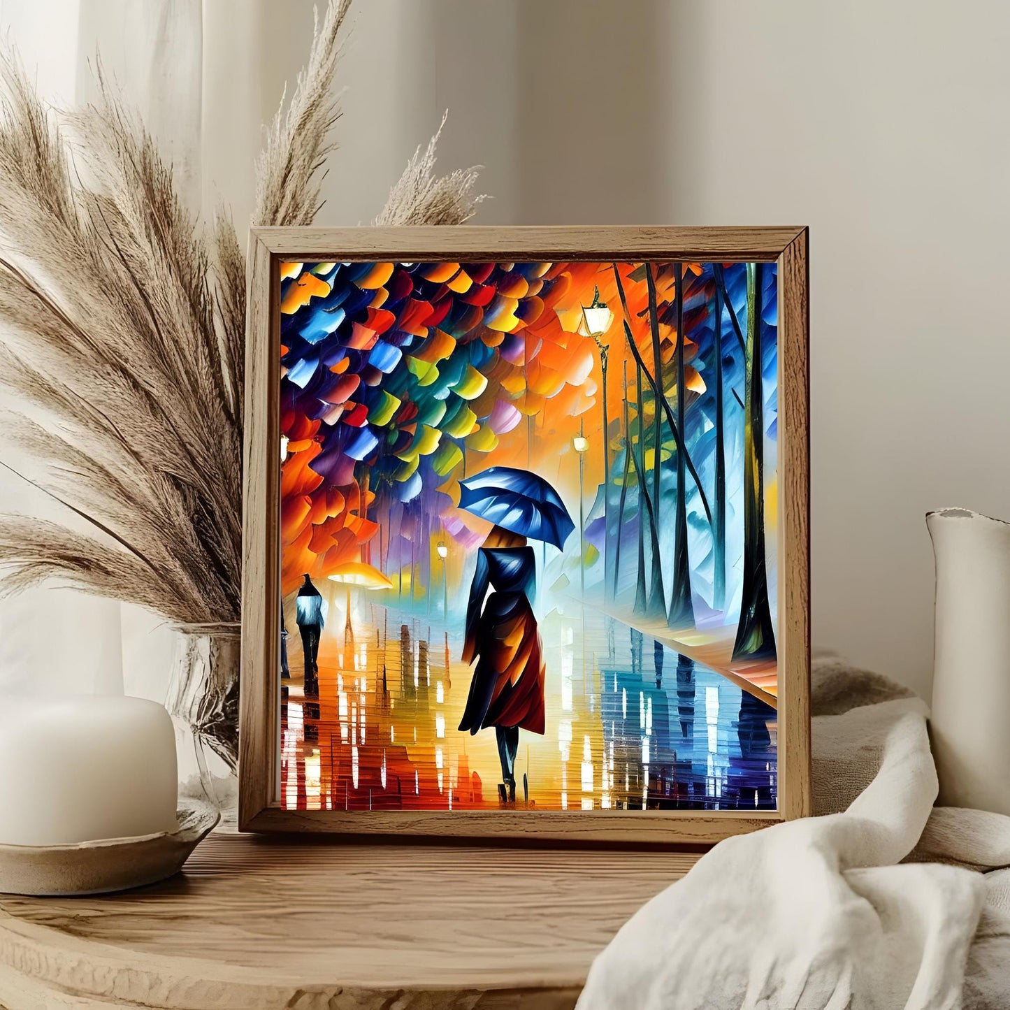 Abstract Art Woman Walking in the Rain, Ceramic Tile,  Artwork for Living Room Decor