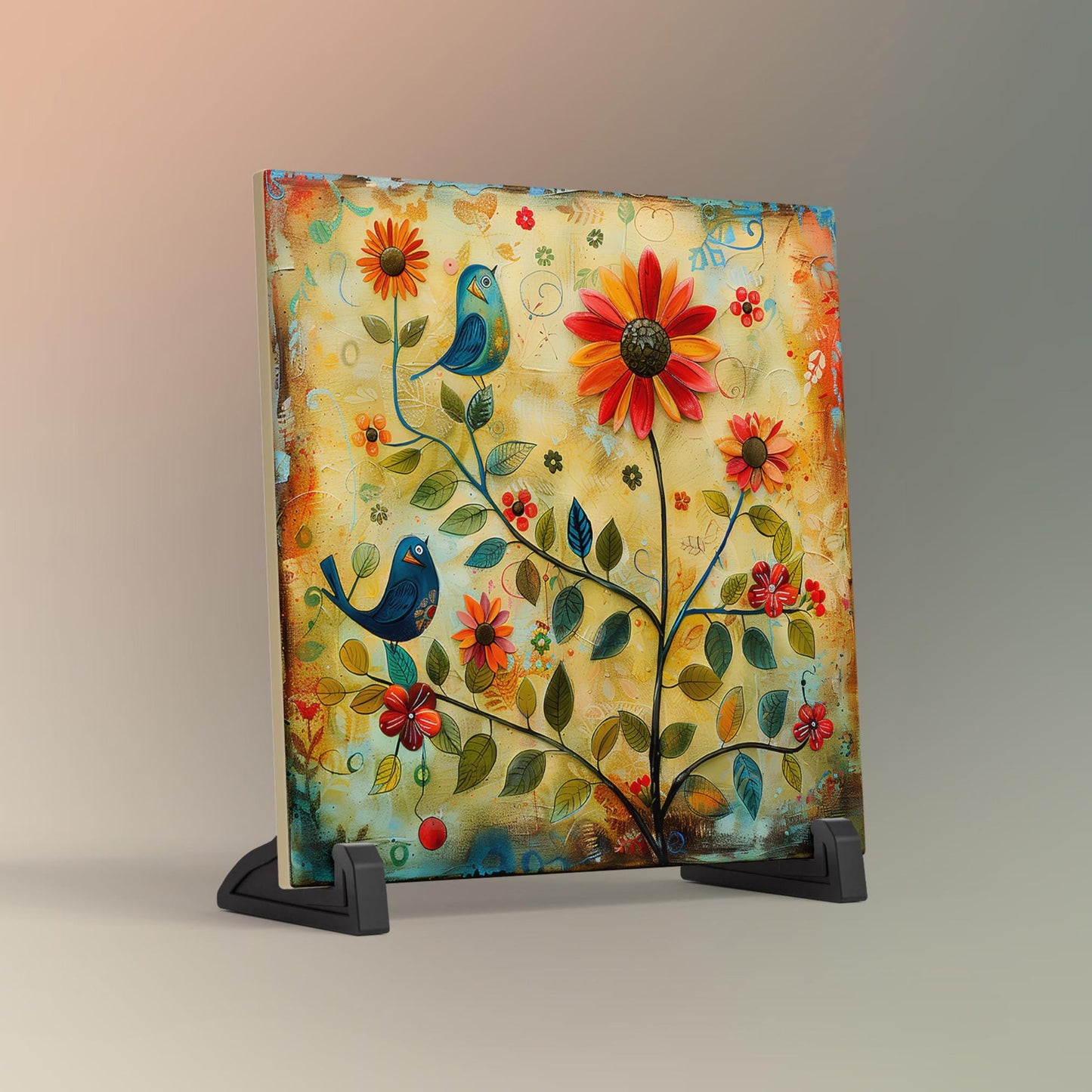 Whimsical Birds and Flowers Tile Art, Quirky Home Decor for Bird Enthusiasts, Ideal Nature-Inspired Gift