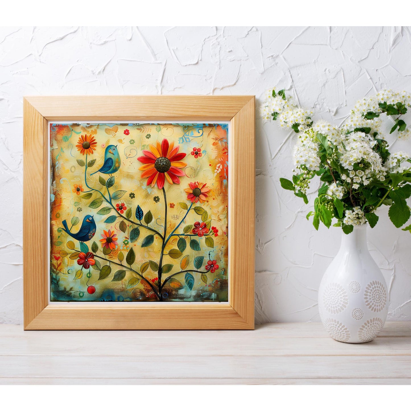 Whimsical Birds and Flowers Tile Art, Quirky Home Decor for Bird Enthusiasts, Ideal Nature-Inspired Gift