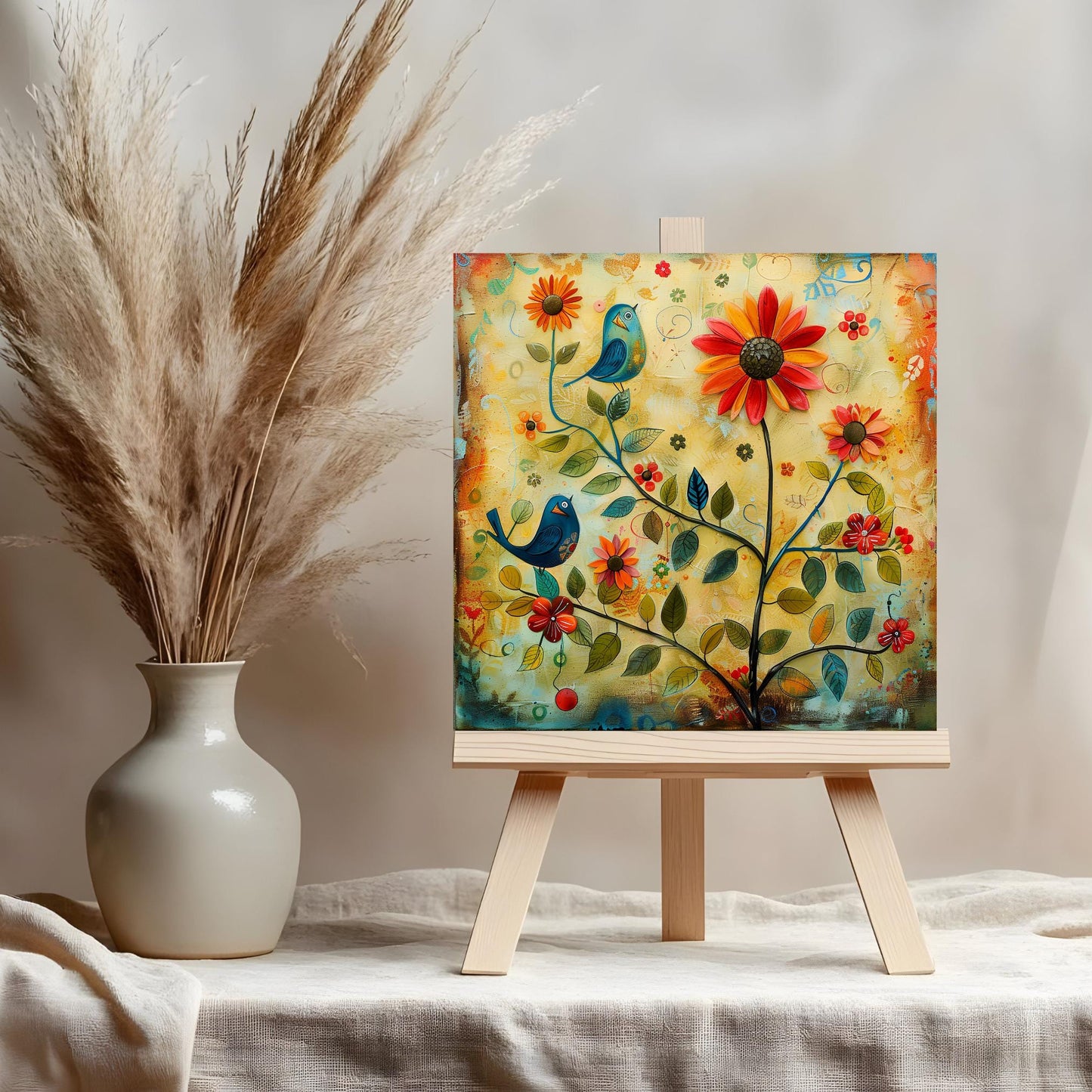 Whimsical Birds and Flowers Tile Art, Quirky Home Decor for Bird Enthusiasts, Ideal Nature-Inspired Gift