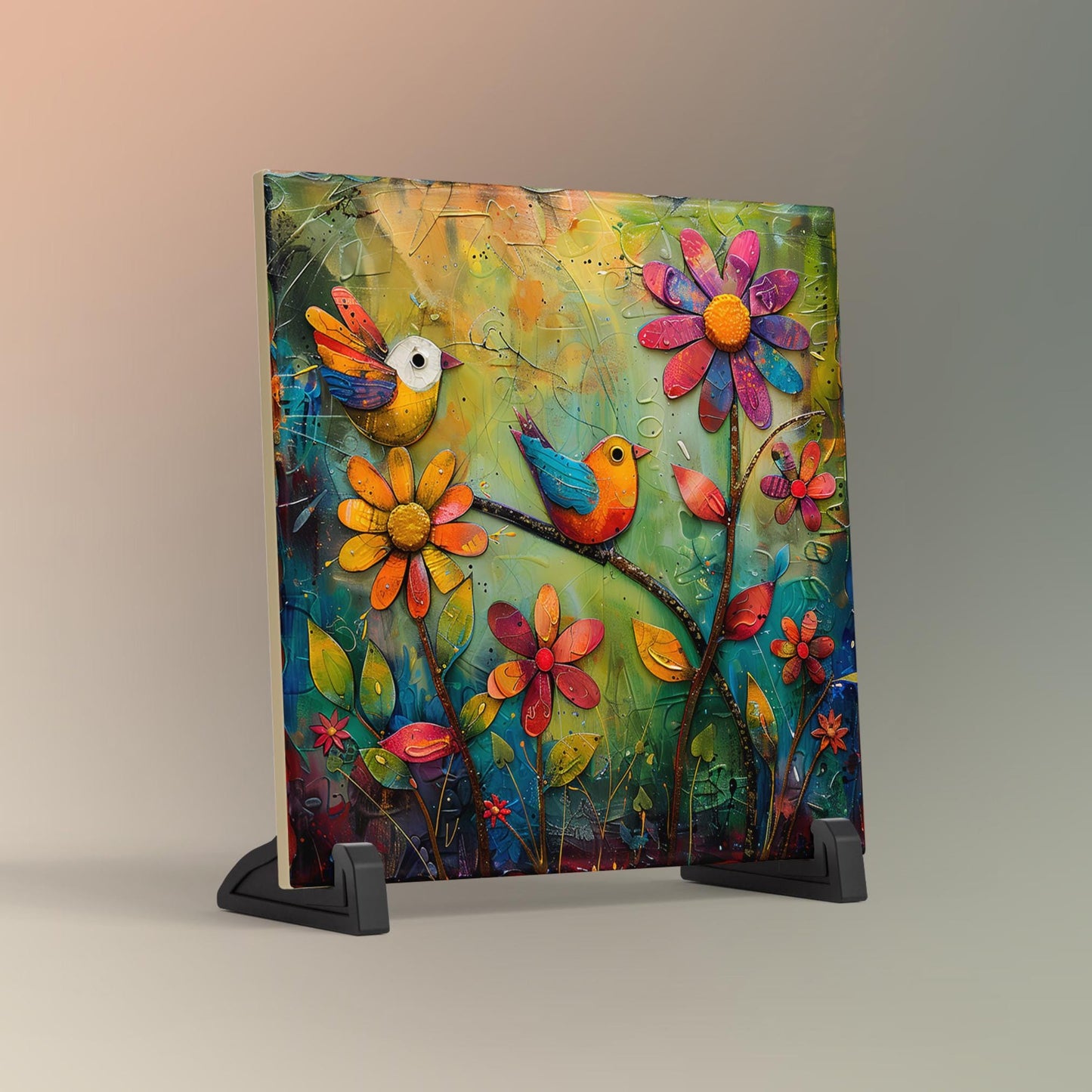 Quirky Birds Ceramic Tile Art, Whimsical Folk Art Decor for Bird Lovers, Perfect Nature-Inspired Gift and Home Accent