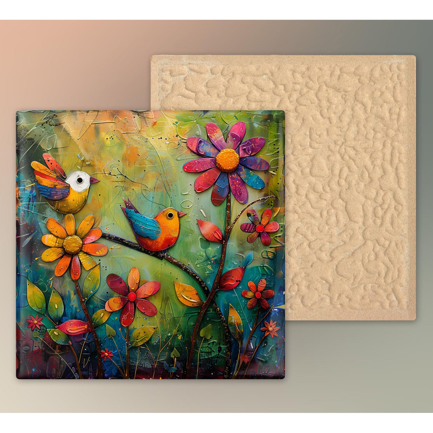 Quirky Birds Ceramic Tile Art, Whimsical Folk Art Decor for Bird Lovers, Perfect Nature-Inspired Gift and Home Accent