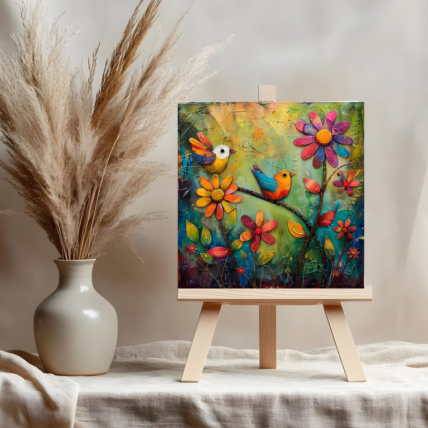 Quirky Birds Ceramic Tile Art, Whimsical Folk Art Decor for Bird Lovers, Perfect Nature-Inspired Gift and Home Accent
