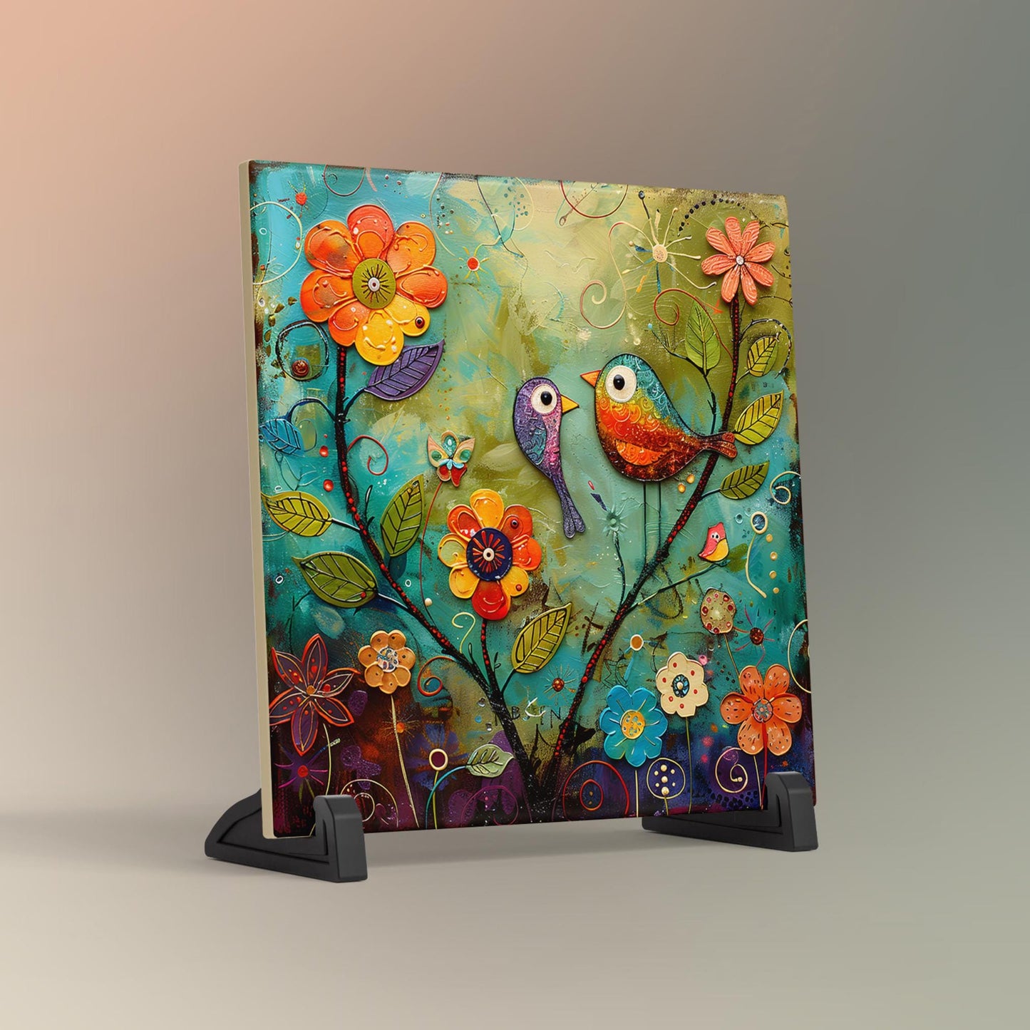 Quirky Birds Ceramic Tile Art II, Whimsical Folk Art Decor for Bird Lovers, Perfect Nature-Inspired Gift and Home Accent