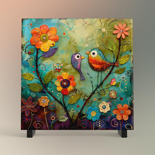 Quirky Birds Ceramic Tile Art II, Whimsical Folk Art Decor for Bird Lovers, Perfect Nature-Inspired Gift and Home Accent