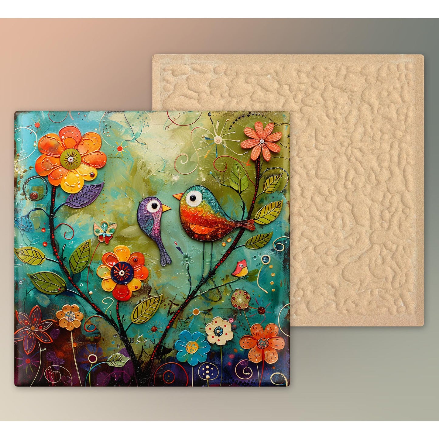 Quirky Birds Ceramic Tile Art II, Whimsical Folk Art Decor for Bird Lovers, Perfect Nature-Inspired Gift and Home Accent