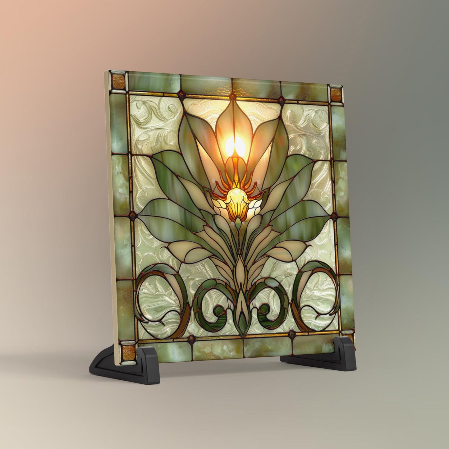 Lotus Flower Ceramic Tile Art II - Stained Glass Look Elegant Flower Wall Decor for Yoga & Meditation, Spiritual Mindfulness Gift - Spa Gift