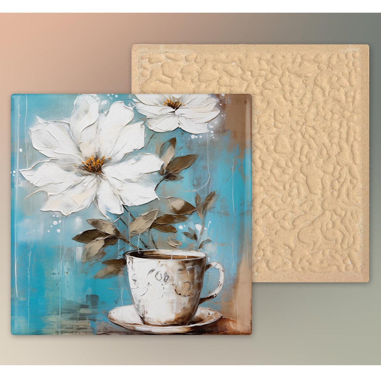 Coffee and Flowers Ceramic Art Tile | Stylish Kitchen Decor for Coffee Lovers | Coffee Time Wall Decor