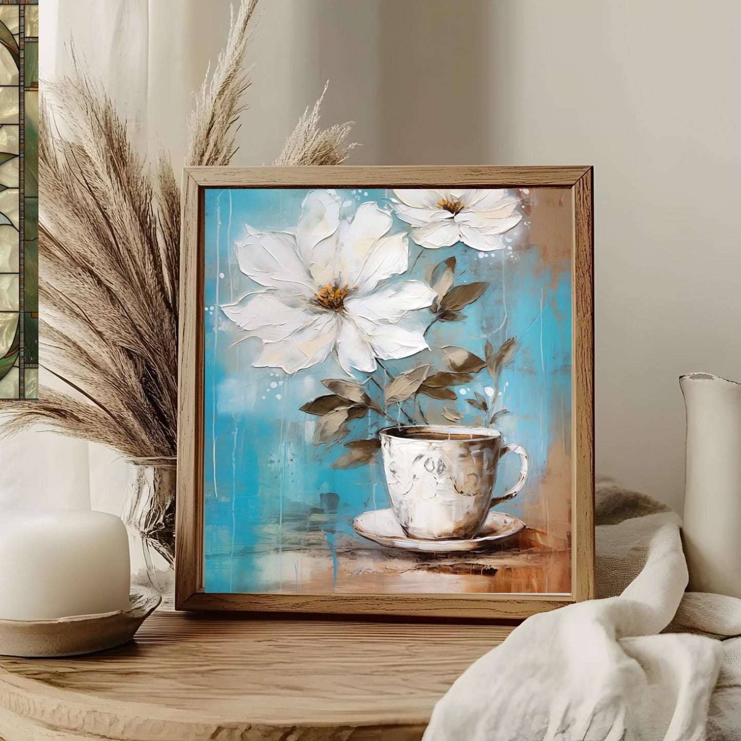 Coffee and Flowers Ceramic Art Tile | Stylish Kitchen Decor for Coffee Lovers | Coffee Time Wall Decor