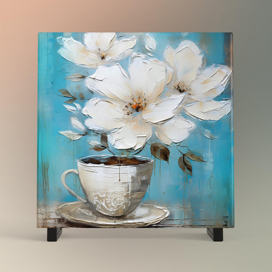 Coffee and Flowers Ceramic Art Tile II | Stylish Kitchen Decor for Coffee Lovers | Coffee Time Wall Decor