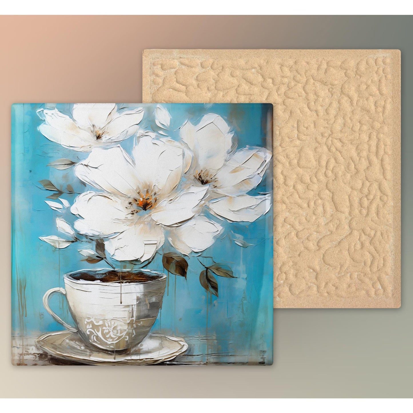 Coffee and Flowers Ceramic Art Tile II | Stylish Kitchen Decor for Coffee Lovers | Coffee Time Wall Decor