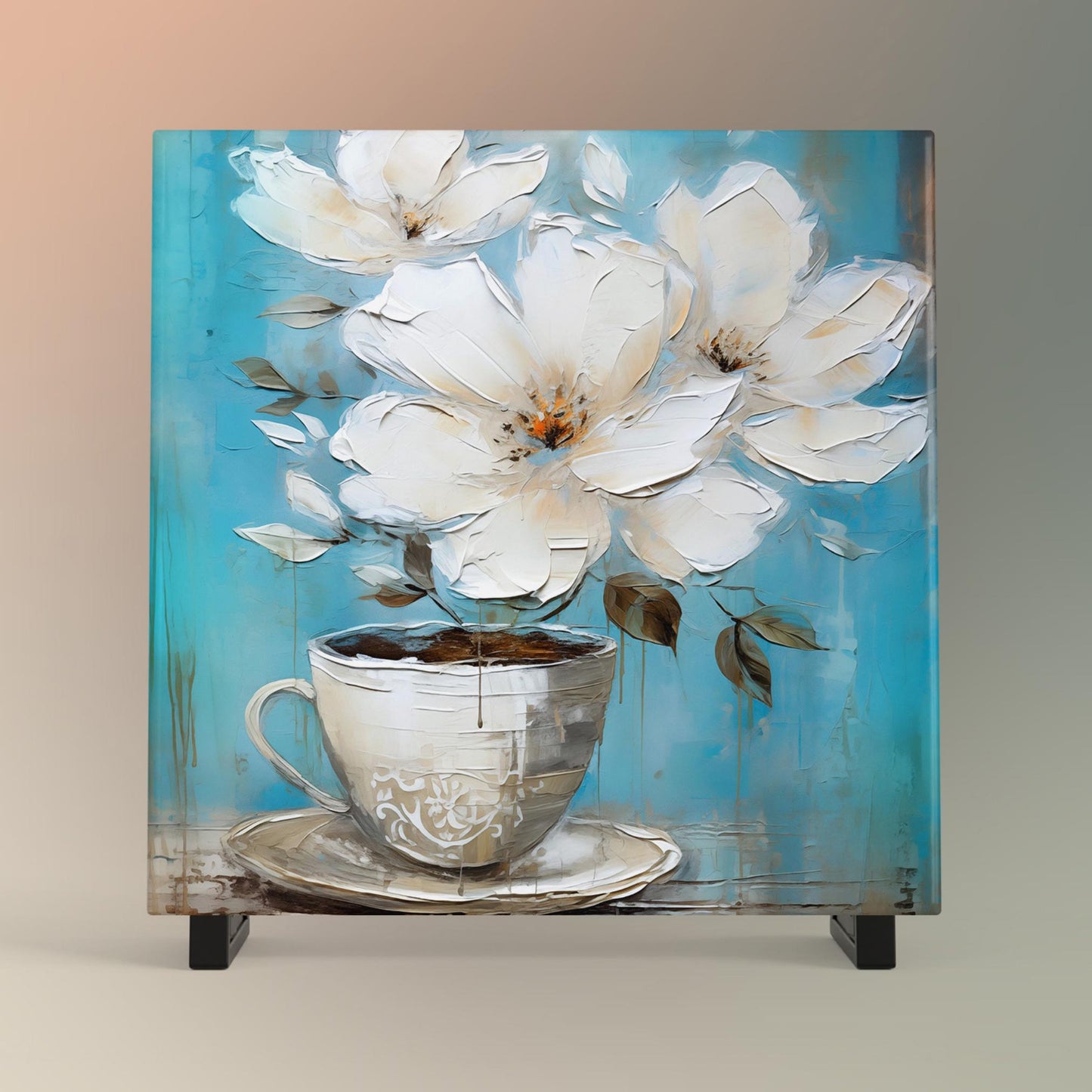 Coffee and Flowers Ceramic Art Tile II | Stylish Kitchen Decor for Coffee Lovers | Coffee Time Wall Decor