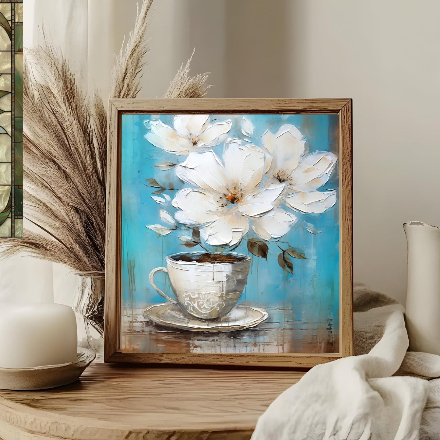 Coffee and Flowers Ceramic Art Tile II | Stylish Kitchen Decor for Coffee Lovers | Coffee Time Wall Decor