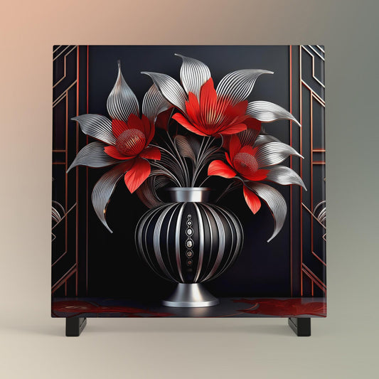 Art Nouveau Ceramic Art Tile Black and Red Flowers in Vase - Stunning Art Nouveau Decorative Wall Hanging - Elegant Home Decor