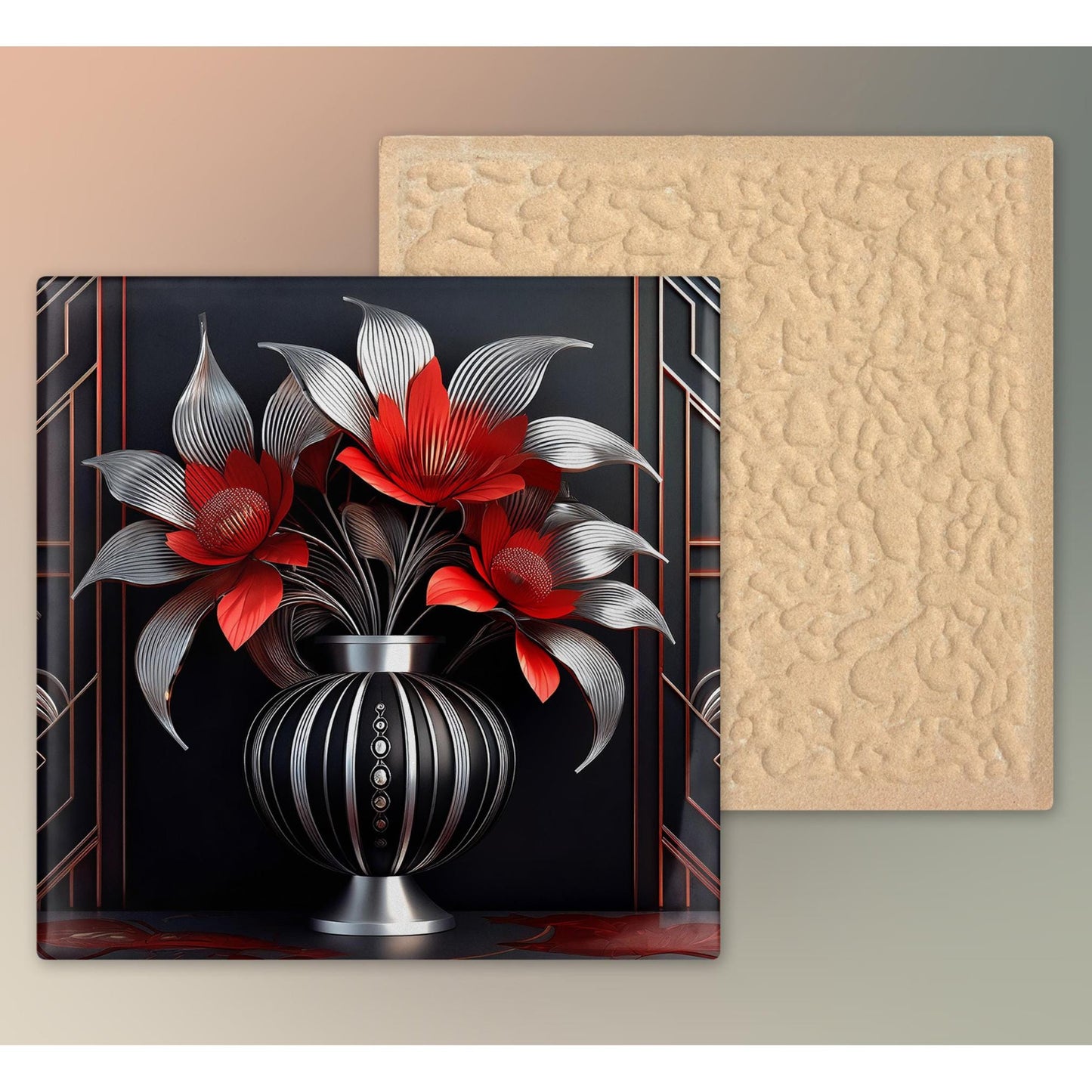 Art Nouveau Ceramic Art Tile Black and Red Flowers in Vase - Stunning Art Nouveau Decorative Wall Hanging - Elegant Home Decor