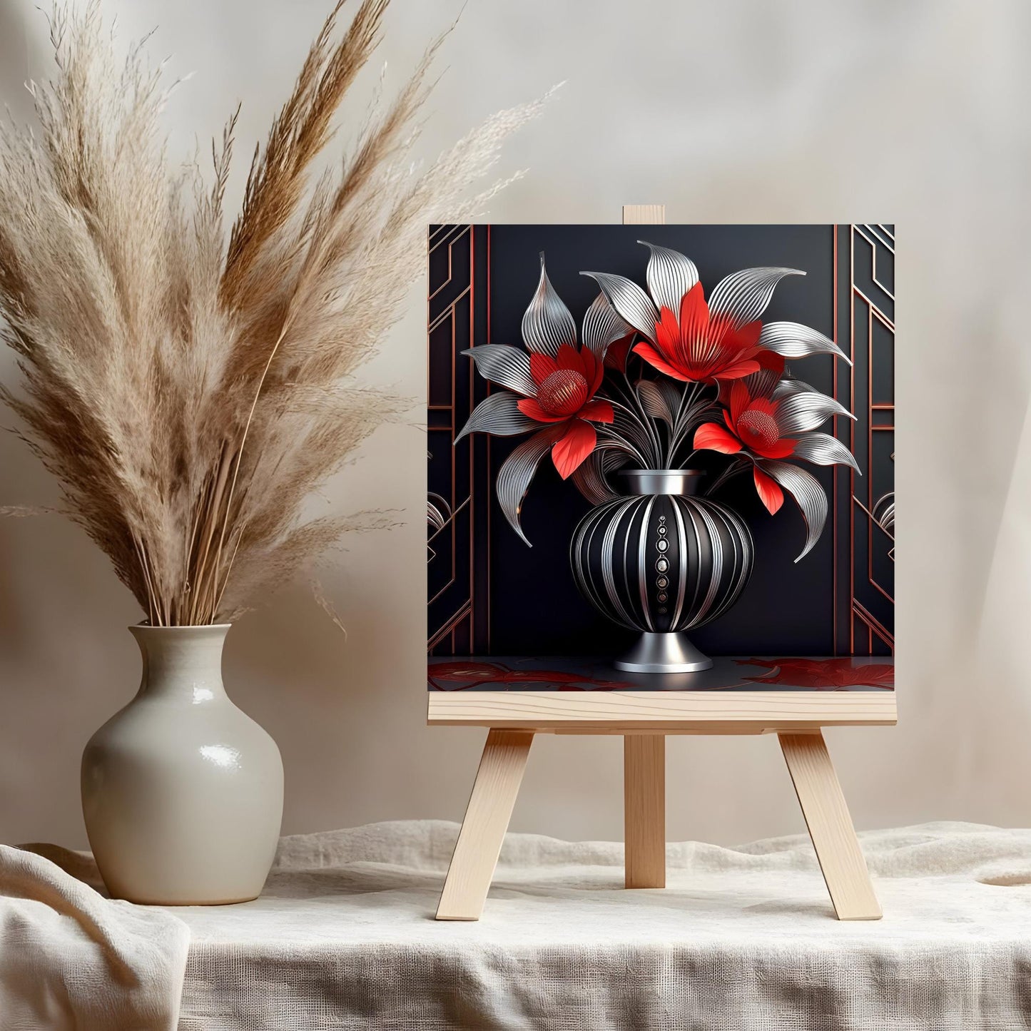 Art Nouveau Ceramic Art Tile Black and Red Flowers in Vase - Stunning Art Nouveau Decorative Wall Hanging - Elegant Home Decor