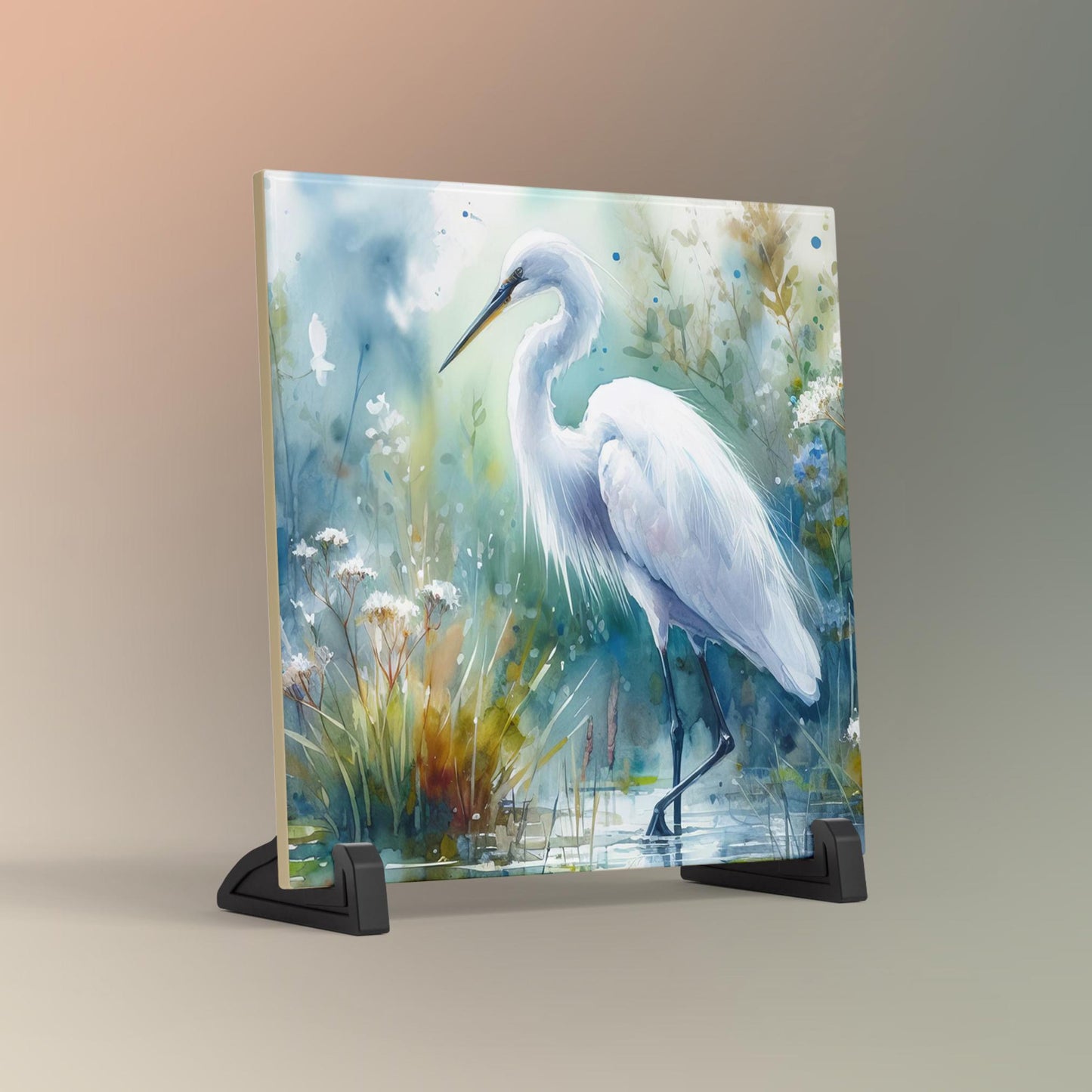 Watercolor Egret Art Tile II, Marshland Landscape, Elegant Bird Wall Art, Minimalist Wildlife Painting