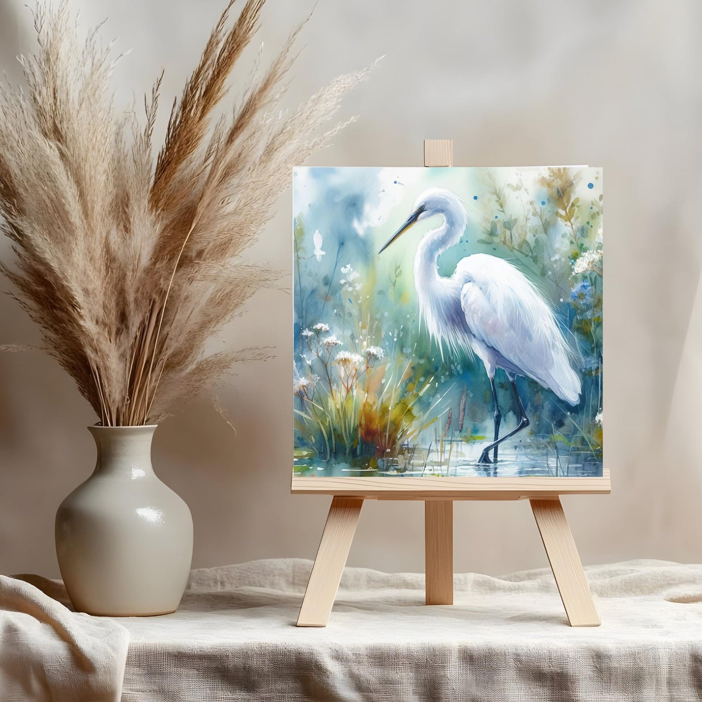 Watercolor Egret Art Tile II, Marshland Landscape, Elegant Bird Wall Art, Minimalist Wildlife Painting
