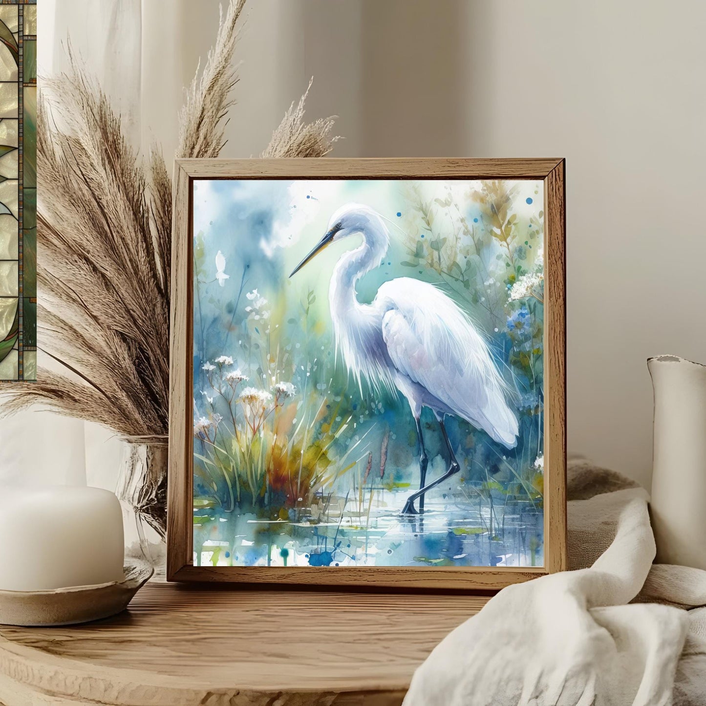 Watercolor Egret Art Tile II, Marshland Landscape, Elegant Bird Wall Art, Minimalist Wildlife Painting