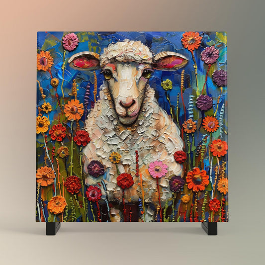 Whimsical Lamb Ceramic Art on Tile, Folk Art Animal Decor, Farmhouse Style Print