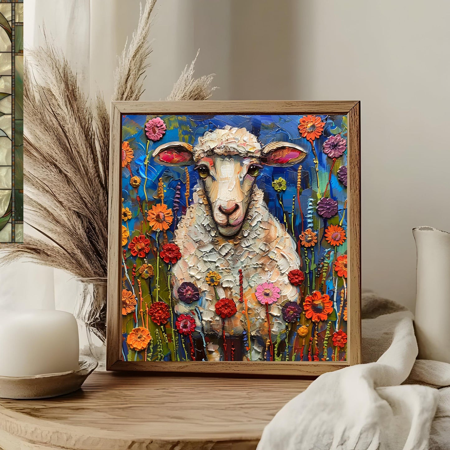 Whimsical Lamb Ceramic Art on Tile, Folk Art Animal Decor, Farmhouse Style Print