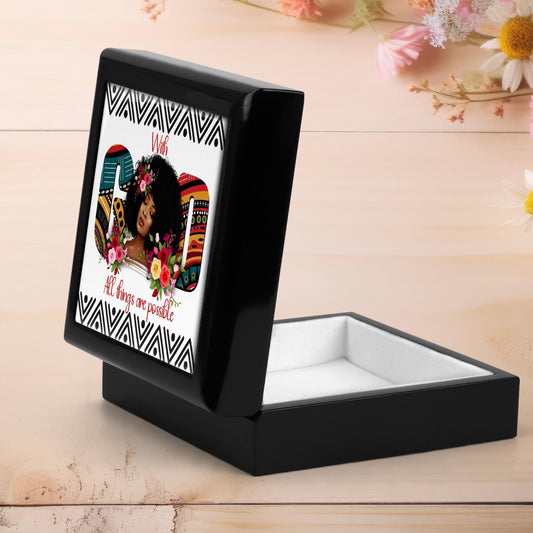 Keepsake Box - Ebony Wood Memory Box - Gift for Her - Jewelry Box - Black Woman Art - Mother's Day Gift - With God All Things Are Possible