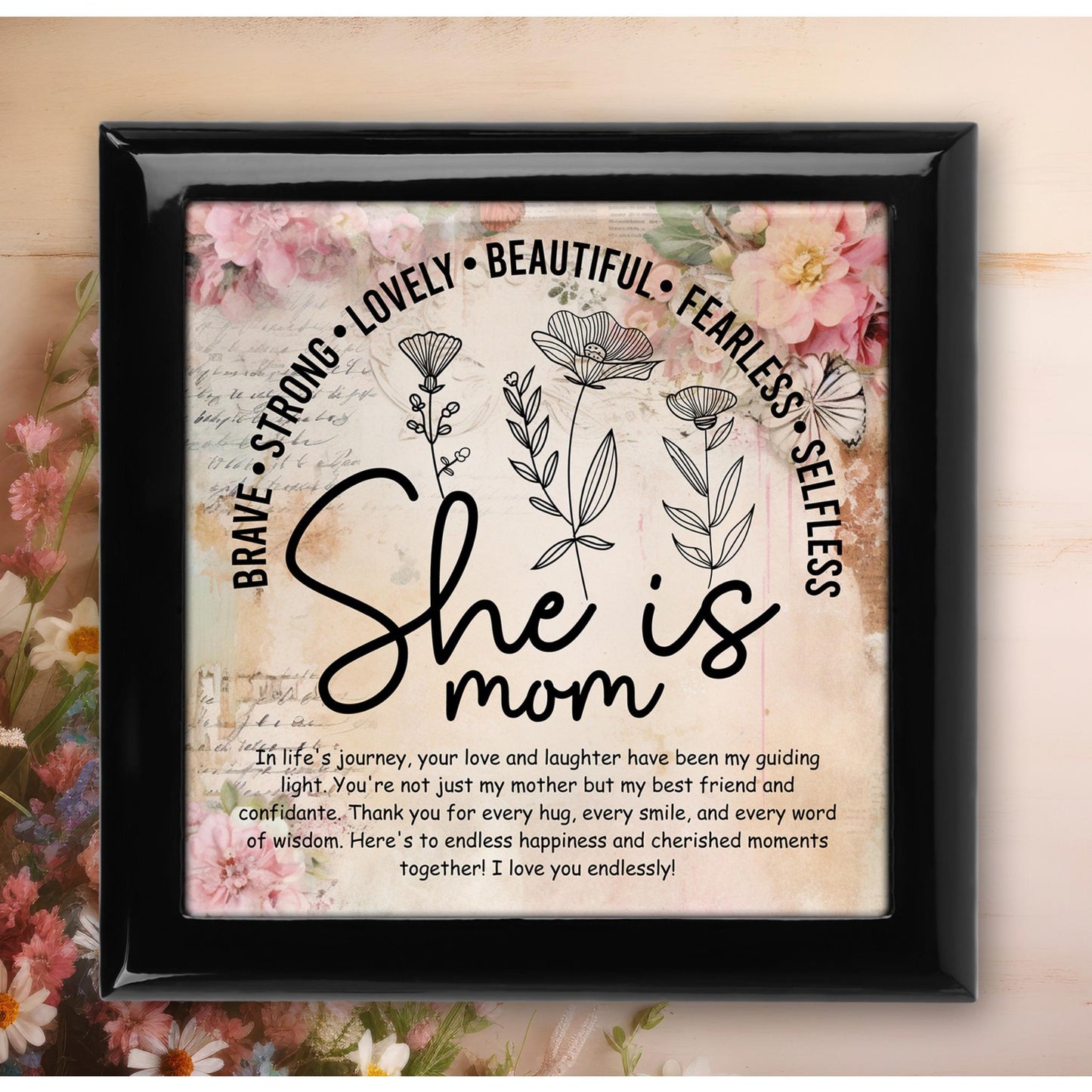 She Is Mom Keepsake Box, Custom Ceramic Art Tile Memory Box, Ideal Gift for Mom on Mother's Day,  Ceramic Tile Option