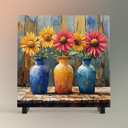 Rustic Floral Ceramic Art Tile, Colorful Flower Vase Decor, Farmhouse Accents for Spring and Summer