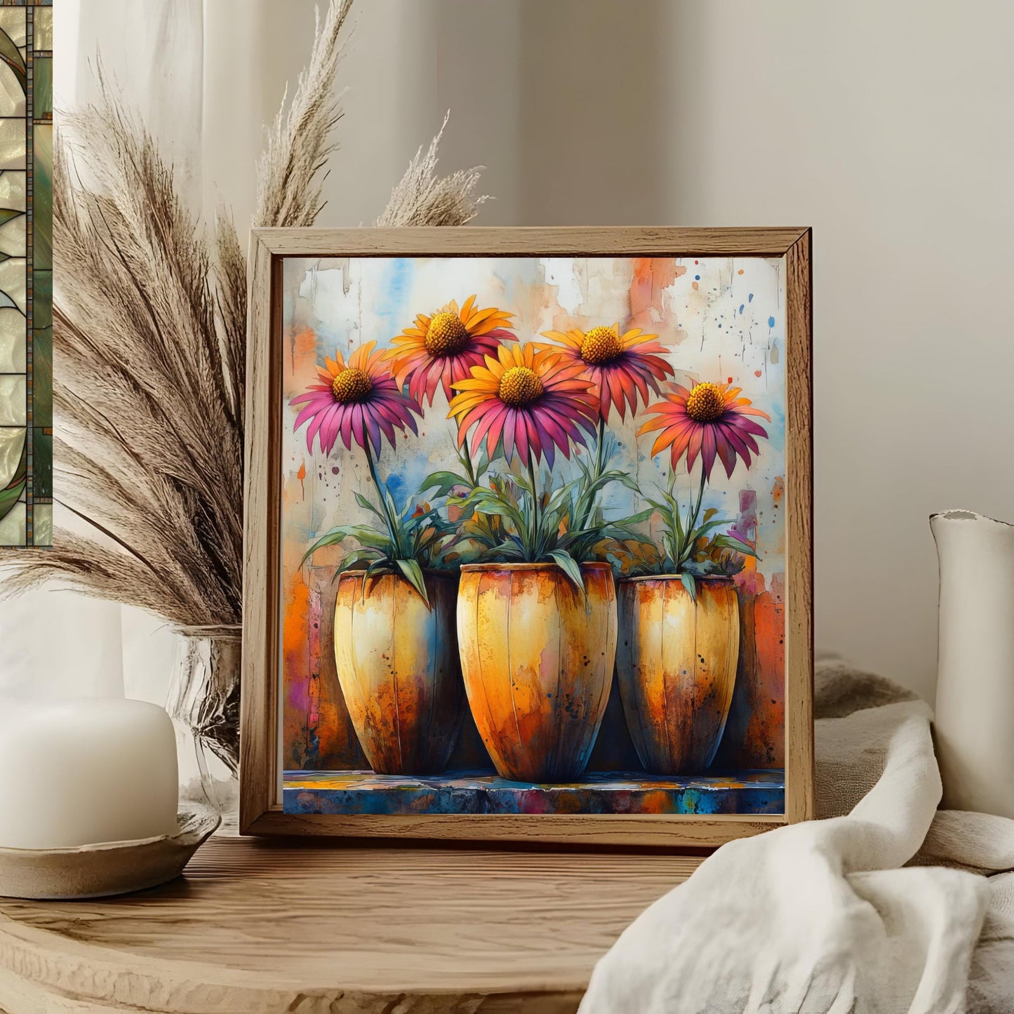 Rustic Floral Ceramic Tile, Vibrant Flower Vase Artwork, Perfect Farmhouse Decor for Spring Home Accents