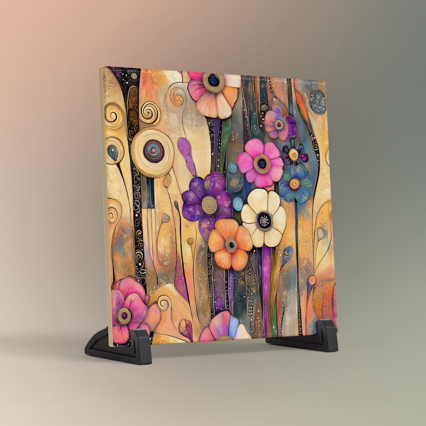 Abstract Floral Ceramic Tile Wall Art,  Klimt Inspired Flower Decor,  Art Nouveau Wall Hanging -  Art Print Ready to Display