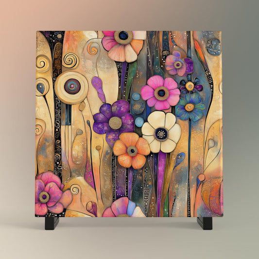 Abstract Floral Ceramic Tile Wall Art,  Klimt Inspired Flower Decor,  Art Nouveau Wall Hanging -  Art Print Ready to Display
