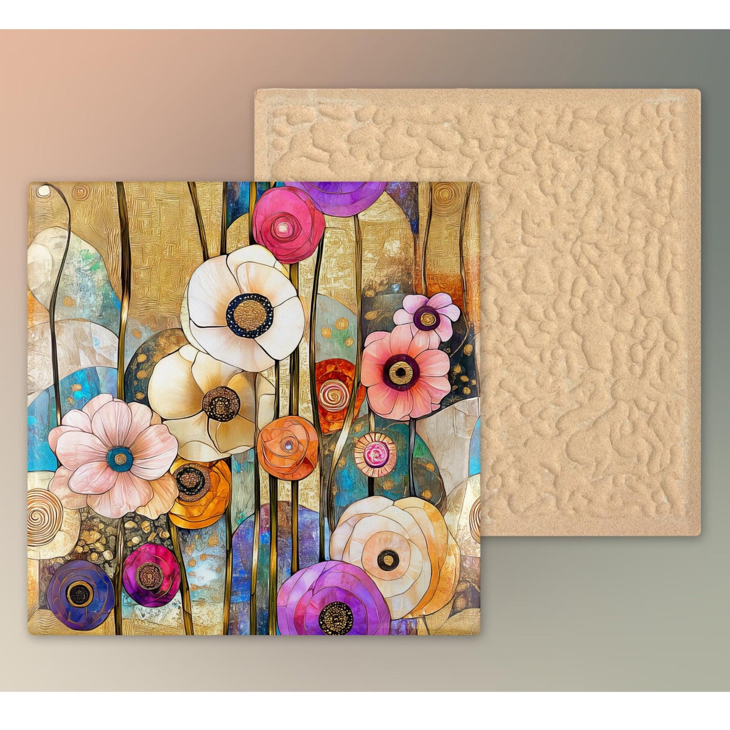 Abstract Flower Art Ceramic Tile,  Klimt Inspired Flower Decor,  Art Nouveau Wall Hanging -  Art Print Ready to Display