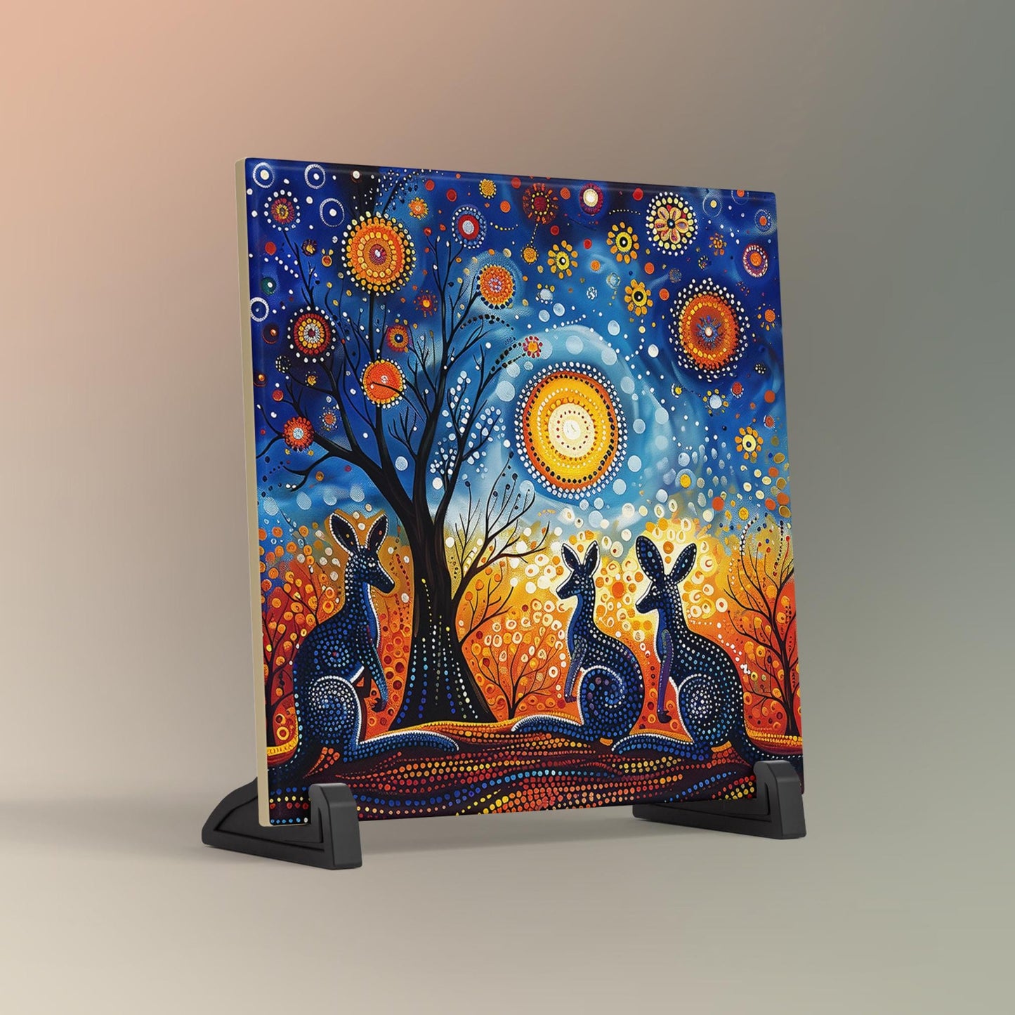 Vibrant Kangaroos Art Tile, Aboriginal Dot Matrix Pattern, Unique Wall Decor for Art Lovers, Perfect Gift for Nature Enthusiasts