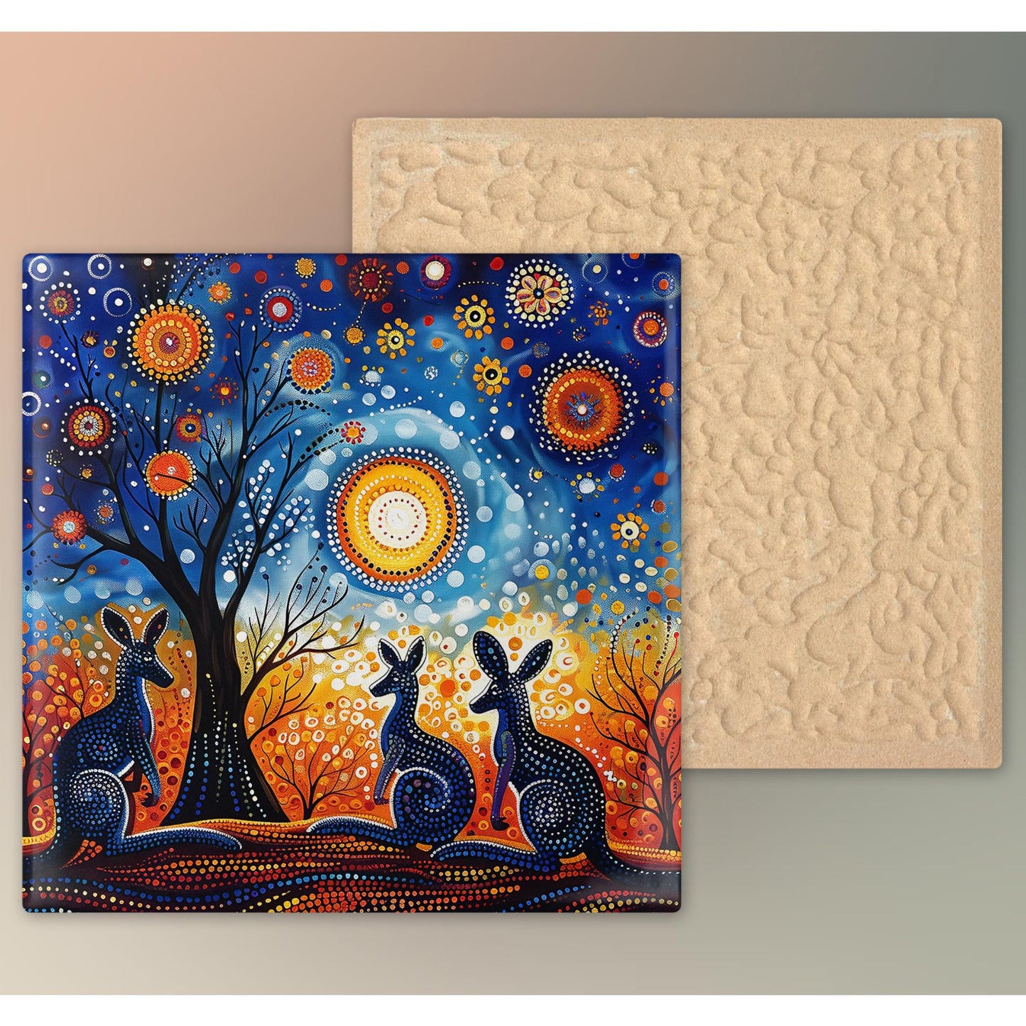 Vibrant Kangaroos Art Tile, Aboriginal Dot Matrix Pattern, Unique Wall Decor for Art Lovers, Perfect Gift for Nature Enthusiasts