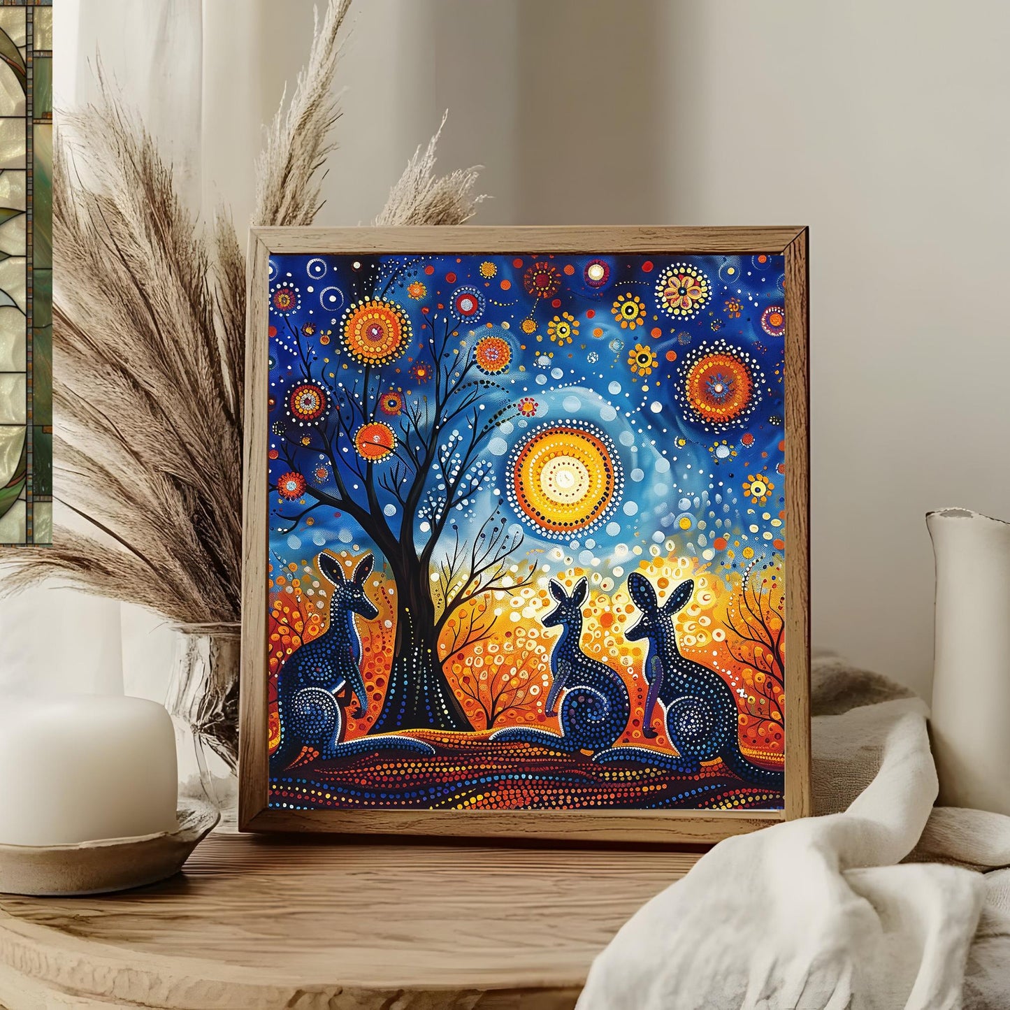 Vibrant Kangaroos Art Tile, Aboriginal Dot Matrix Pattern, Unique Wall Decor for Art Lovers, Perfect Gift for Nature Enthusiasts