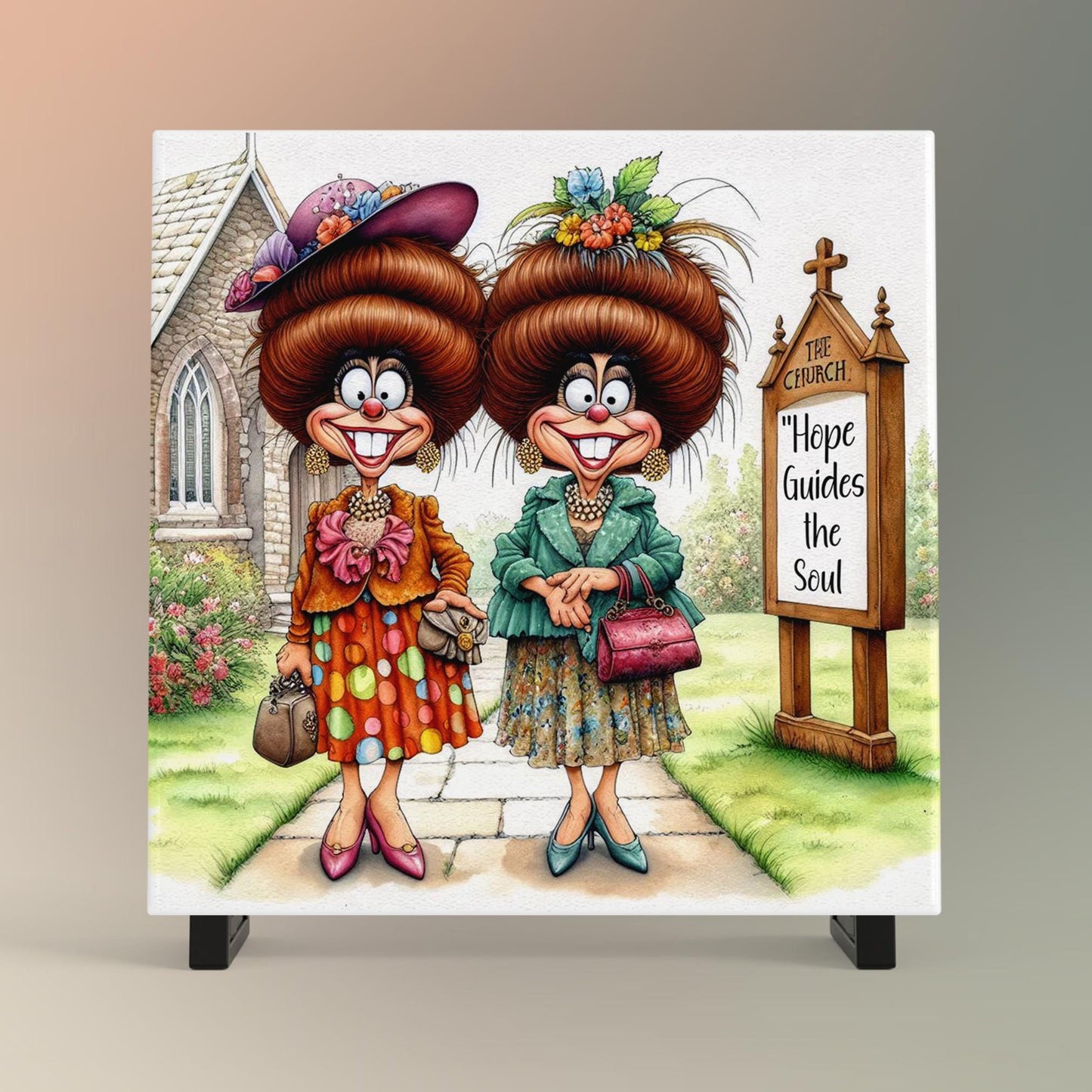 Quirky Church Ladies Ceramic Art Tile, Whimsical Women of Faith Decor, Funny Inspirational Wall Hanging, Unique Gift for Friend