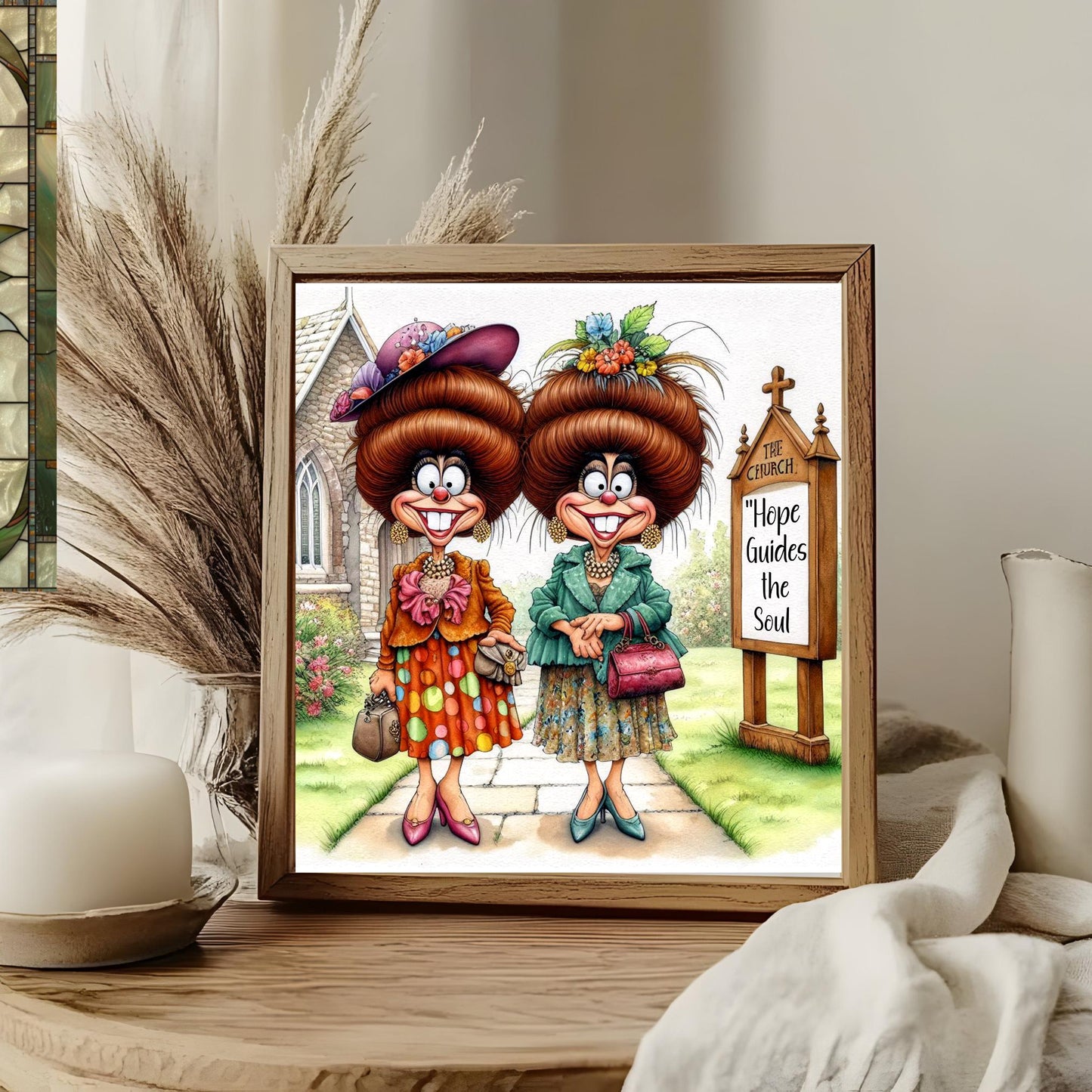 Quirky Church Ladies Ceramic Art Tile, Whimsical Women of Faith Decor, Funny Inspirational Wall Hanging, Unique Gift for Friend