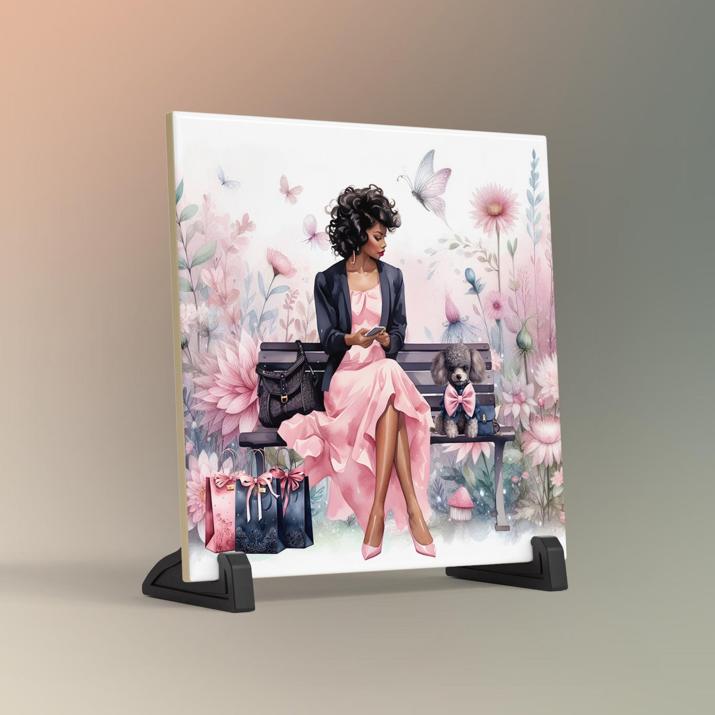 Black Woman with a Puppy Ceramic Tile,  Trendy Wall Art Black Girl Art, Black Woman Wall Art, Black Girl Poster Art, African American Art