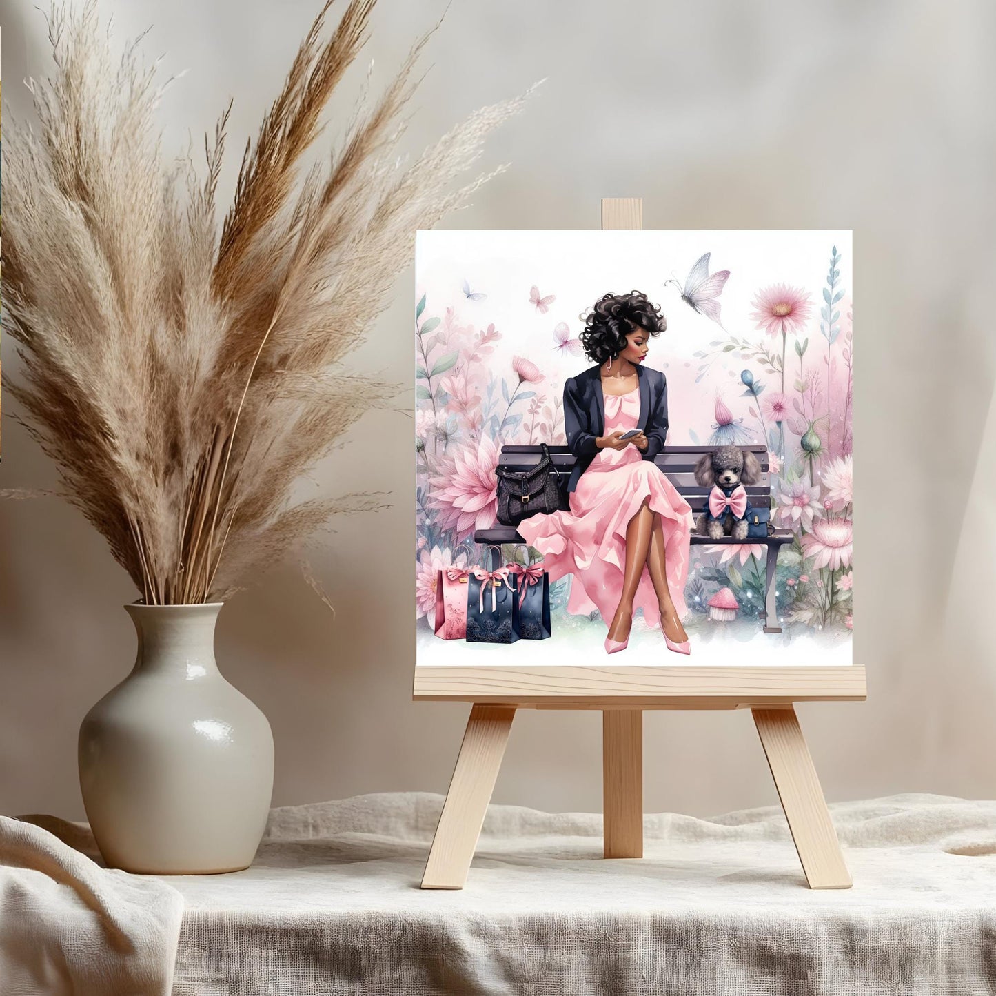 Black Woman with a Puppy Ceramic Tile,  Trendy Wall Art Black Girl Art, Black Woman Wall Art, Black Girl Poster Art, African American Art