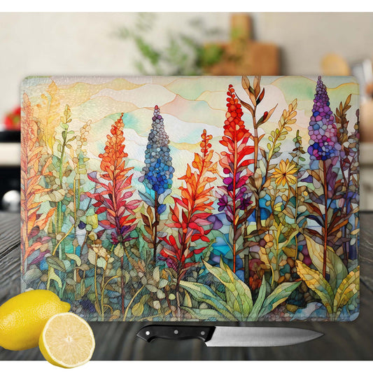 Whimsical Wildflowers Glass Cutting Board II - Floral Tempered Glass Chopping Board for Cheese & Charcuterie, Functional Kitchen Art